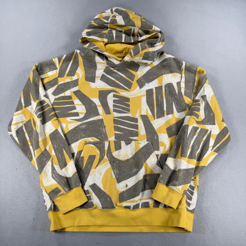 VTG Nike Mens Sportswear All Over Print Graphic Hoodie Yellow Grey White Large